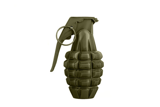 Green metal hand grenade with round pin isolated on white...