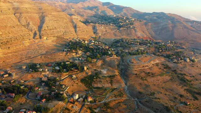 Aerial Beautiful Shot Of Residential Houses, Drone Flying Over Landscape - Faraiya, Lebanon