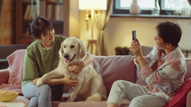 Young Asian woman posing with golden retriever dog on sofa at home as her girlfriend taking picture with mobile phone
