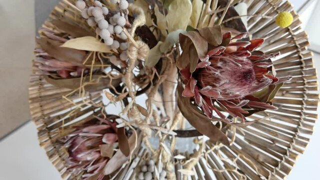 Dry boho flower bouquet. Interior beige wedding plants. Brwon nature material. Vintage eucalyptus decor. Bridal modern gift. Beautiful event concept