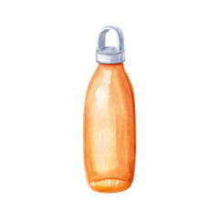 Reusable glass bottle with orange fruit juice and handle isolated on white, front view. Watercolor illustration. Hand drawn food clipart.
