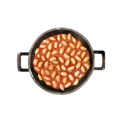 Cast iron saucepan with baked beans in tomato sauce isolated on white. Camping dish watercolor illustration. Hand drawn food clipart, top view.