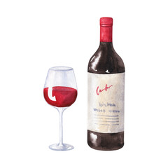 Bottle of red wine and glass with wine isolated on white. Watercolor illustration. Hand drawn food clipart.