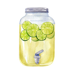 Reusable glass jar with tap and full of homemade lemonade of limes isolated on white, front view. Watercolor illustration. Hand drawn food clipart.