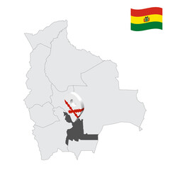 Location  Chuquisaca Department  on map Bolivia. 3d location sign similar to the flag of Chuquisaca. Quality map  with Departments of  Bolivia for your design. EPS10