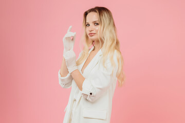 beautiful girl wears white gloves
