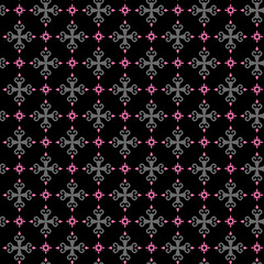 Background pattern with vintage elements on a black background. Fabric texture swatch, seamless wallpaper. Vector illustration