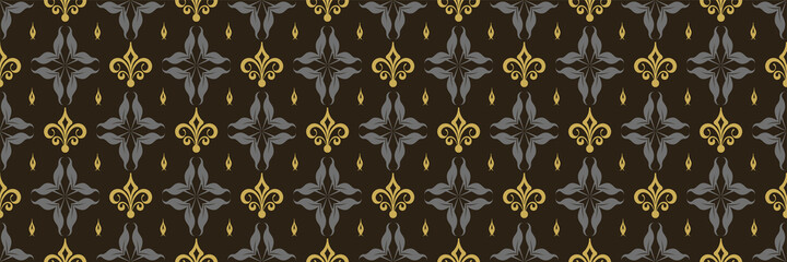 Beautiful background pattern with decorative floral elements on a black background. Seamless wallpaper texture. Vector illustration