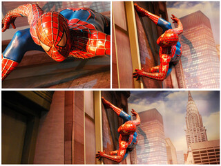 Naklejka premium Amsterdam - Netherlands - August 8, 2018: Collage of The amazing Spider-Man life size statue. Madame Tussauds museum. Amsterdam.