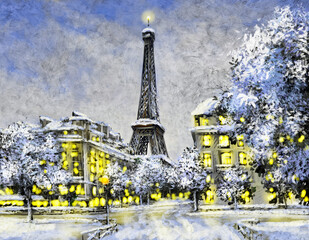 Oil paintings landscape, winter in the city, eiffel tower at night