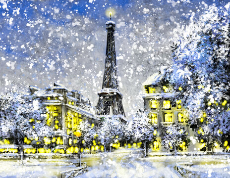 Oil paintings landscape, winter in the city, eiffel tower at night