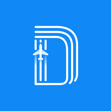 Letter D logo is made of three parallel lines with a plane icon.