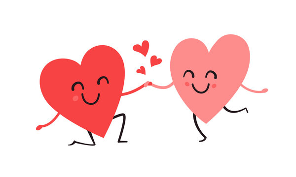 Cute heart characters isolated vector illustration. Romantic wedding couple Valentines Day design concept. Happy smiling couple. Two hearts in red and pink colors