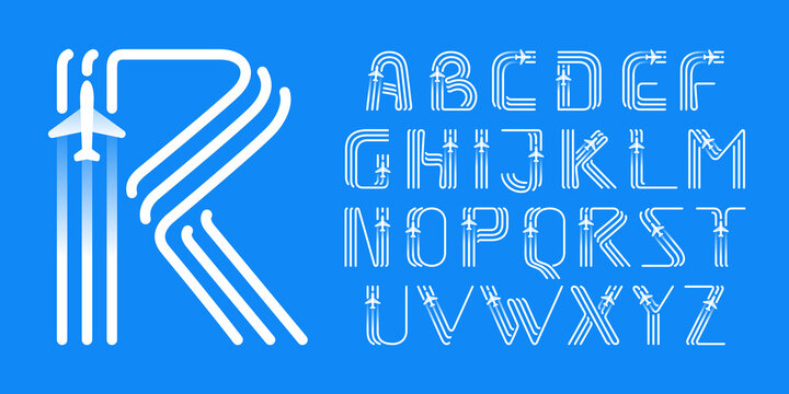 Alphabet made of three parallel lines with a plane icon.