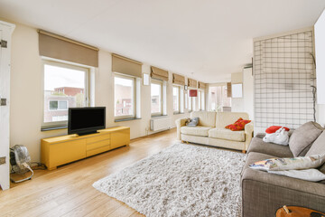 Lovely living room with milky and gray sofas and shaggy carpet