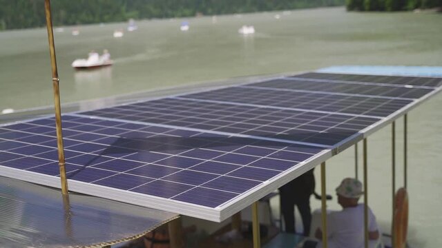 The boat is solar powered. The boat's electric motor runs on solar energy. Big Lake Rizza in Abkhazia
