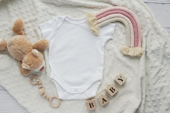 Baby girl onesie mockup, boho rainbow decoration, toys,  pregnancy announcement, baby waiting flat lay composition on soft blanket.