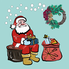 New Year and Christmas cards. Holidays in winter. Snow, gifts, candles, wreaths, fir branches and cones. Santa Claus. Isolated vector objects.