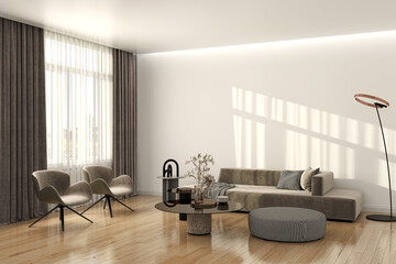 Illustration 3D rendering large luxury modern bright interiors Living room mockup computer digitally generated image