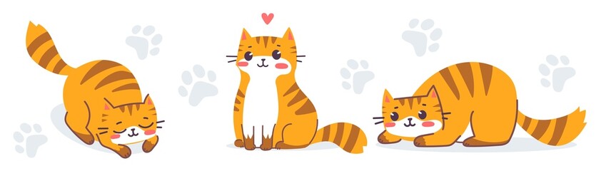 Vector set of illustration of happy cute animal tiger cat character on white color background. Flat line art style design of striped red cat in different pose. Symbol of New Year 2022