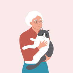 Elderly woman holding cat isolated. Flat vector illustration