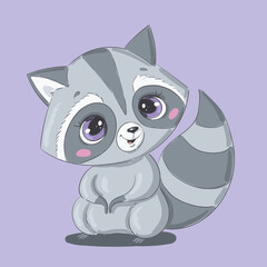 Illustration of a cute cartoon raccoon isolated on a white background. Cute cartoon animals.