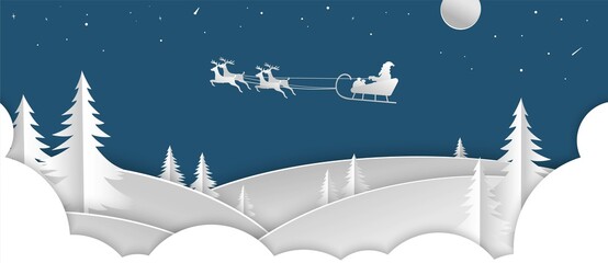 Naklejka premium Merry Christmas and Happy New Year background. Illustration of Santa Claus on the sky. Digital craft style.