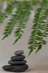 Fototapeta na wymiar Pyramids of gray zen pebble meditation stones with green leaves on beige background. Concept of harmony, balance and meditation, spa, massage, relax.