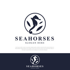Seahorse logo in a circle of lines.Sea life silhouette illustration, symbol, icon design template