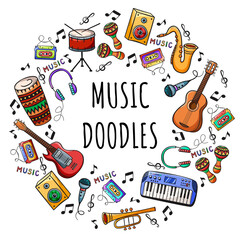 Set of hand drawn musical instruments in doodles style.