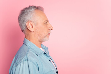 Profile side photo of senior man look empty space clever calm agent boss isolated over pink color background