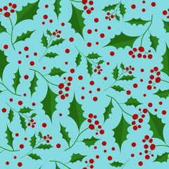 Seamless pattern christmas holly isolated on blue. Vector illustration for card, textile, fabric, paper design, wallpaper