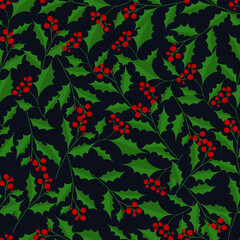 Seamless pattern christmas holly isolated on dark blue. Vector illustration for card, textile, fabric, paper design