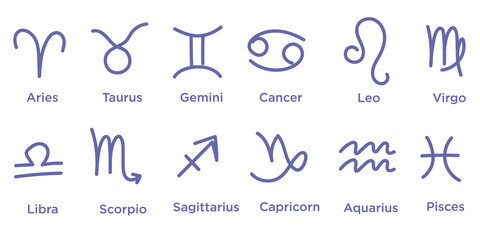 Zodiac signs. Very Peri color 2022. Vector flat black and white line drawing for printing, web design. Astrology, horoscope. Line icons of zodiac. Isolated pictograms on white background
