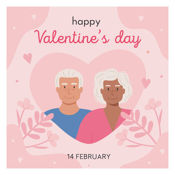 Happy Valentines Day square greeting card with modern senior people. Elderly cute grandmother and grandfather in love. Diverse old age couple. Vector illustration in flat style.
