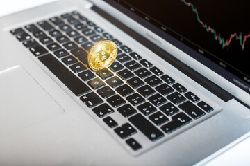 Crypto coin on laptop keyboard