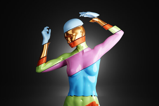 Three dimensional render of naked woman separated into colorful elements symbolizing personality traits