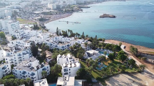 Flyng drone above coastal line on sunny Cyprus island in Mediterranian sea