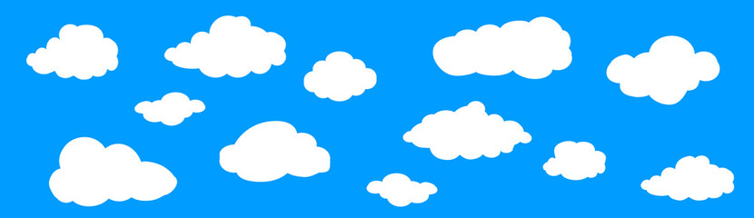 Clouds set isolated on blue background. Collection of clouds for web site, poster, placard and wallpaper. Creative modern concept. Clouds vector illustration