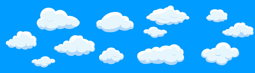 Clouds set isolated on blue background. Collection of clouds for web site, poster, placard and wallpaper. Creative modern concept. Clouds vector illustration