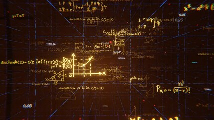 Mathematical formulas and graphs. 3D space with formulas. Loop 3D 4K animation video