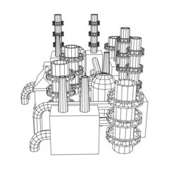 Industrial building factorie facilitie power plant with chimneys. Wireframe low poly mesh vector illustration.