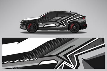 Car wrap design race livery vehicle vector. Graphic stripe racing background kit designs for vehicle, race car, rally, adventure and livery