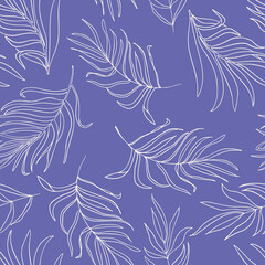Very peri lilac leaves seamless repeat pattern. Random placed, vector outline botany plants all over surface print background.