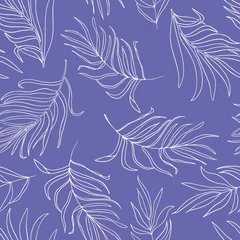 Afwasbaar behang Zeer peri-lila verlaat naadloos herhalingspatroon. Willekeurig geplaatste, vectoroverzichtsplantkundeplanten over de hele oppervlaktedrukachtergrond. © MoJX.Studio