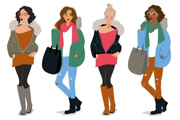 Obraz premium Young modern women of different nationalities, Indian, Asian, European. Vector illustration in flat style.