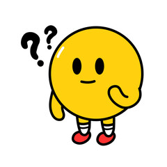 Fototapeta premium Cute funny think emoji smile face with question mark. Vector flat line doodle cartoon kawaii character illustration icon. Isolated on white background. Yellow emoji circle think character concept