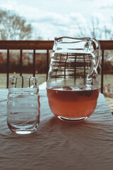 Close up of Pink lemonade in pitcher on table