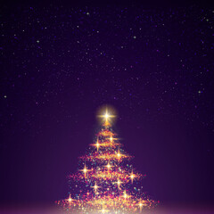 Golden Christmas tree isolated on stars sky background.