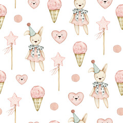 Watercolor seamless pattern with bunny, sta,r heart, ice cream, polka dot. Isolated on white background. Hand drawn clipart. Perfect for card, fabric, tags, invitation, printing, wrapping.